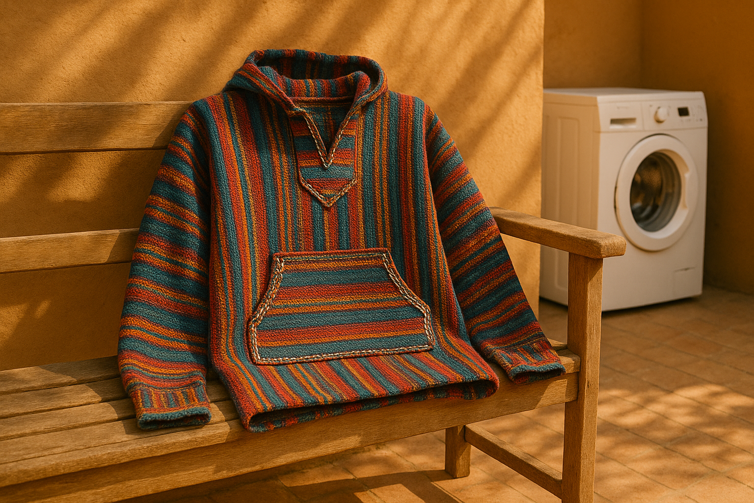 Authentic Mexican Baja hoodie with colorful stripes and hand-stitched details, draped on a wooden bench near a sunlit adobe wall, with a washing machine in the background, highlighting its artisanal craftsmanship and unique woven texture.